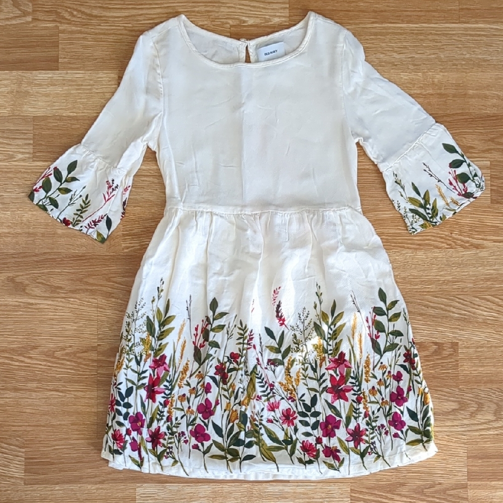 Girls Old Navy Cream and Floral Autumn Fall Dress, Size 6/7